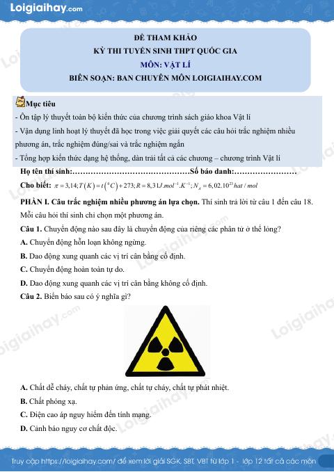 Đề tham khảo thi Vật lí THPT (Đề số 7) - có lời giải chi tiết